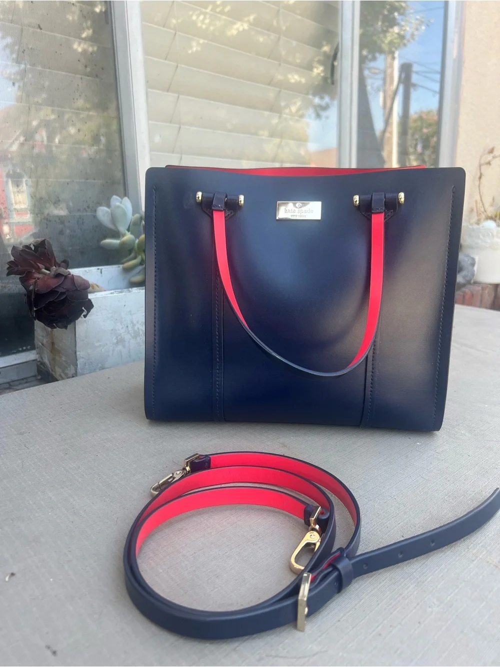 kate spade Navy tote with Pink handles and strap